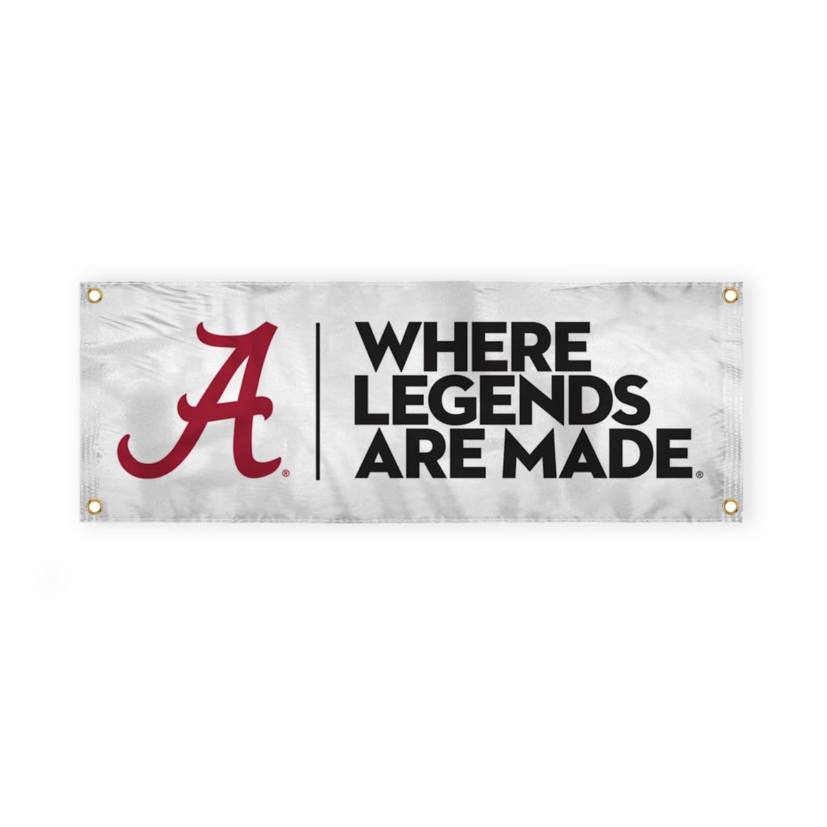 Alabama Script A Logo with 4 Brass Grommets - 3x8 Ft - Printed Double-Layered 2 ply Spun Polyester - Correctly Reads on Both Sides - Finished Ends for Added Durability - Quadruple Stitched Fly End