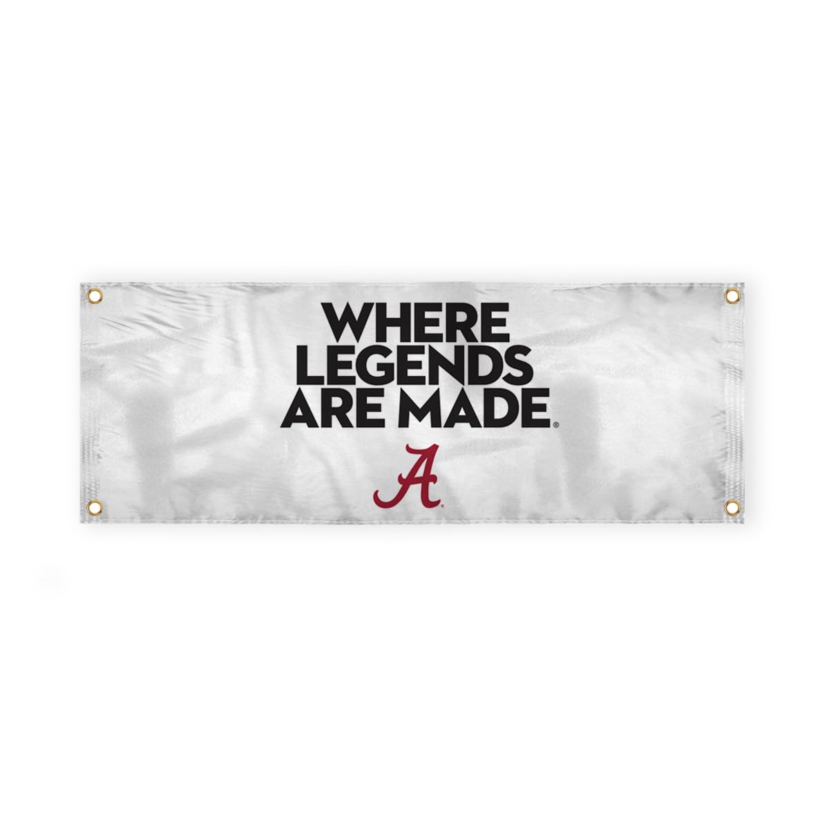 Alabama Collegiate Crimson Tide Where Legends Are Made Primary A Logo with 4 Brass Grommets - 3x8 Ft - Printed Double-Layered 2 ply Spun Polyester - Correctly Reads on Both Sides - Finished Ends for Added Durability - Quadruple Stitched Fly End