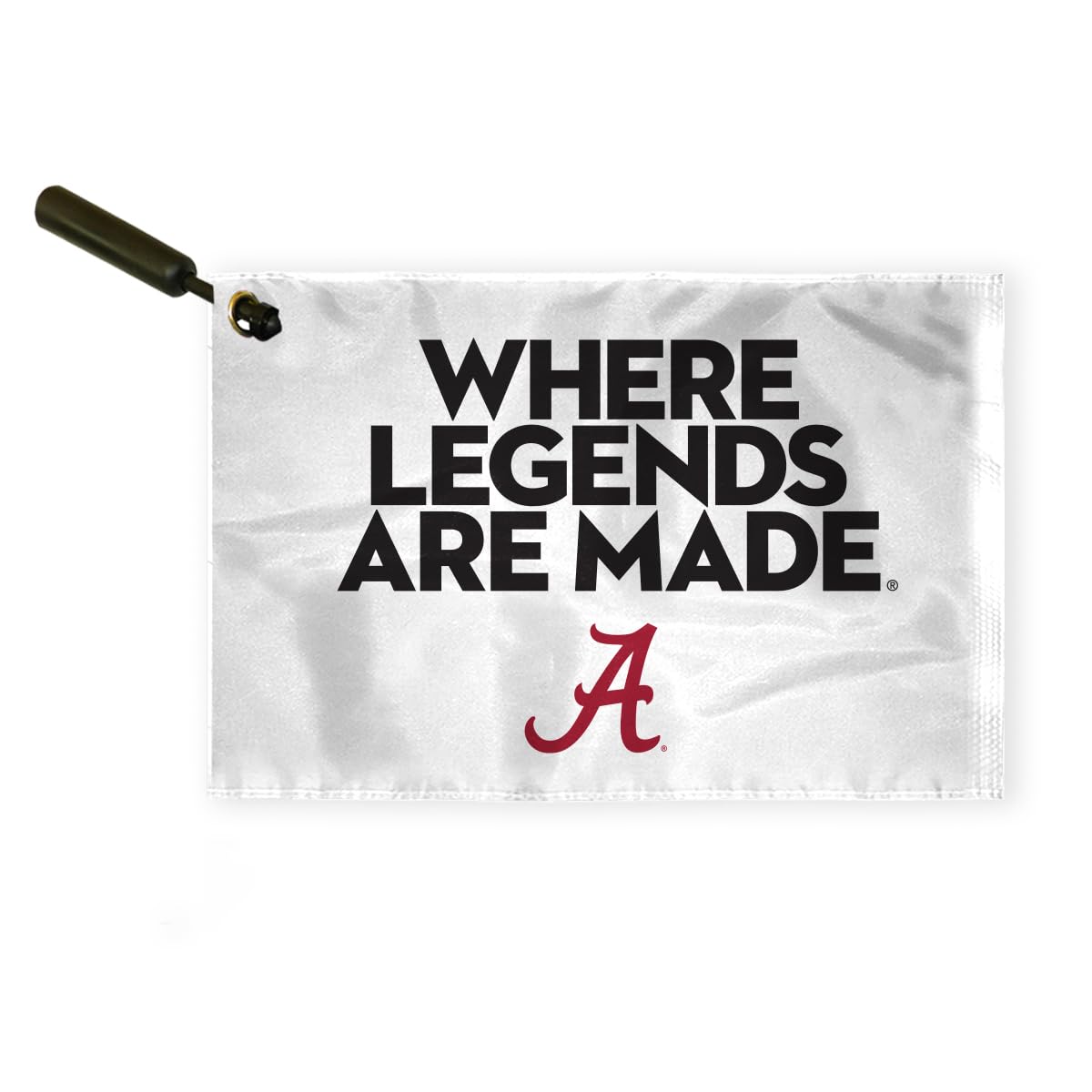AGAS Alabama Collegiate Plastic Swirler Flag - 12x18 Inch | Where Legends Are Made White Logo | Single Layered 1 Ply Nylon | Built-in Plastic Swirler Handle Bar | Double Stitched Corners & Double Folded Ends