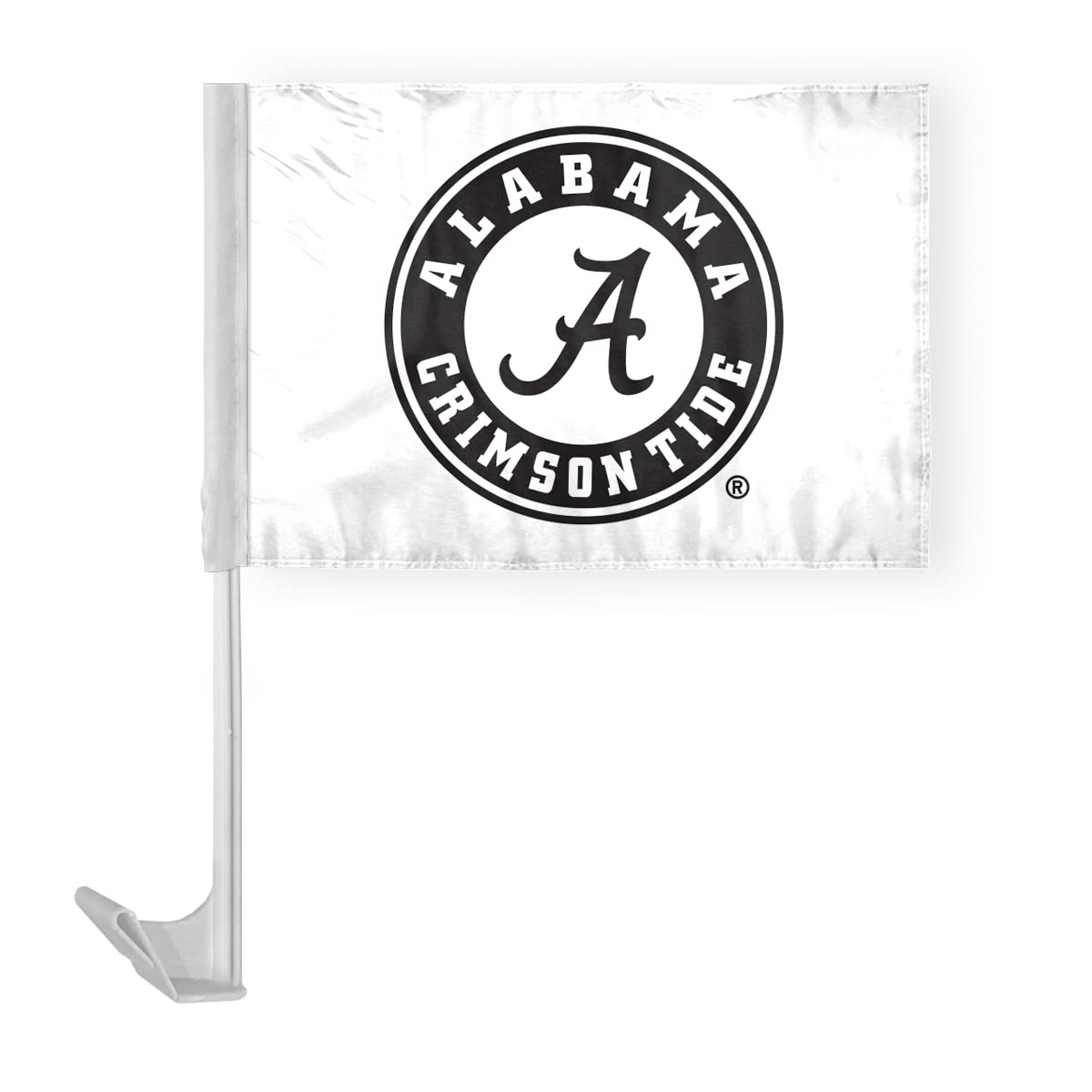 Alabama University Crimson Tide White Circle Car Flags - 7.5x10.5 inch Double-Layered Printed Polyester Fabric - 13" Flexible Plastic Pole for Attaching to Vehicle Window - NCAA Licensed Alabama Round Logo Black Car Flags