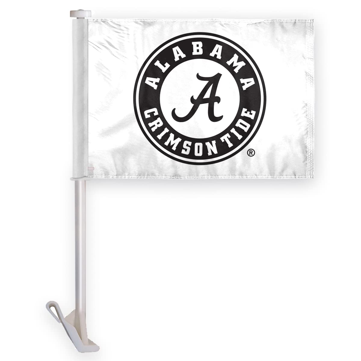 Alabama University Crimson Tide White Circle Car Flags - 10.5x15 inch Double-Layer Wrap Knit Polyester - 19" Stiff Pole - NCAA Licensed Alabama Round Logo Black Car Flags