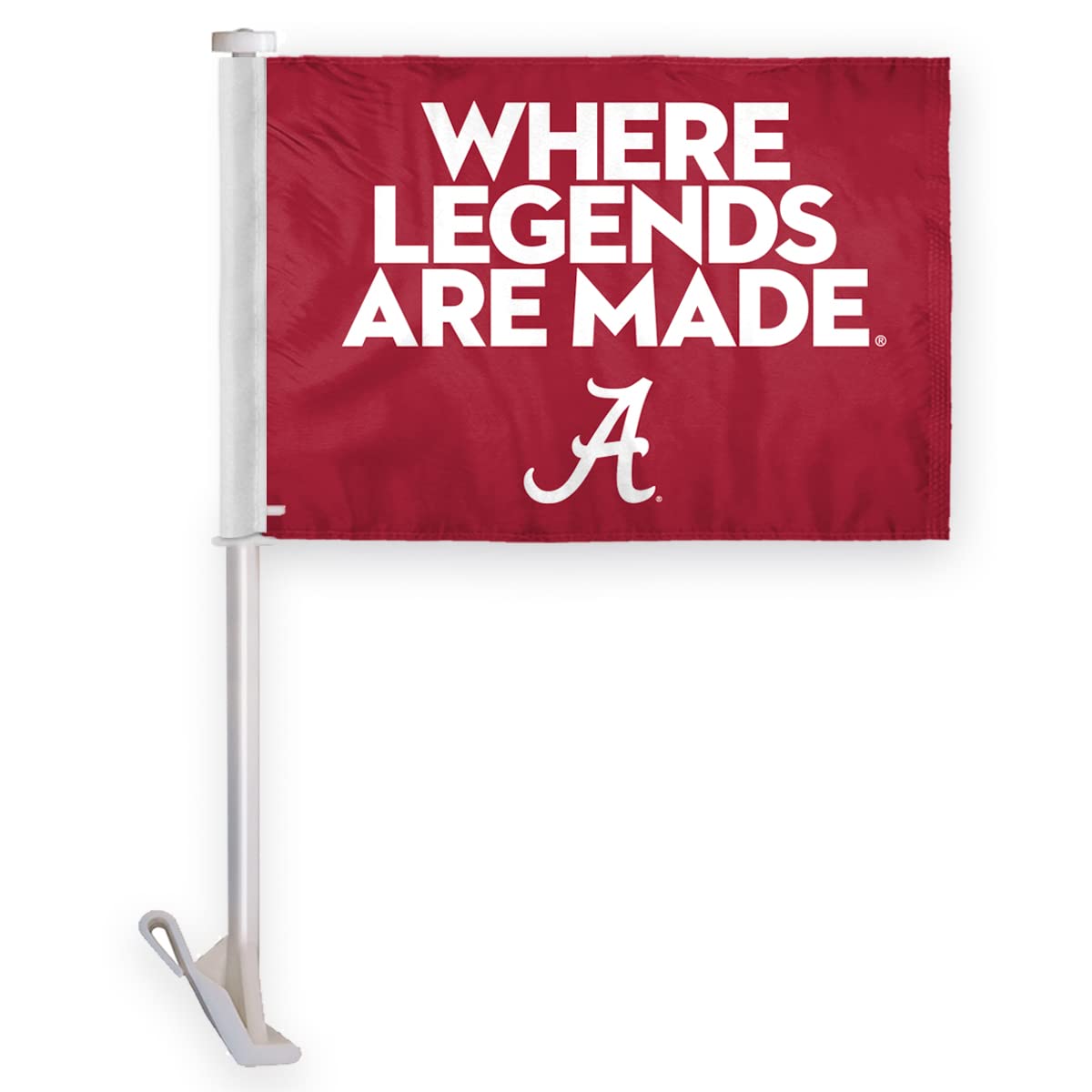 AGAS Crimson Tide Alabama NCAA Where Legends Are Made Red Car Flags - 10.5x15 inch Double-Layered Printed Wrap Knitted Polyester - 19" Unbreakable Plastic Pole for Attaching to Vehicle Window - Crimson Tide White Car Flags