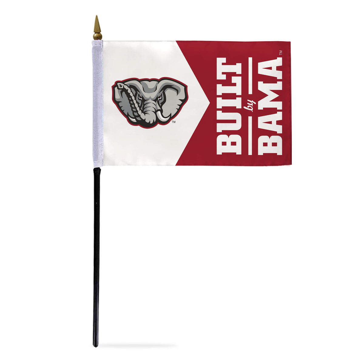 AGAS Mini 4"x6" Alabama University Built by Bama flags on sticks 4x6 inch Single-Reverse Printed Polyester - Mounted on 10" Plastic Pole with Base - NCAA Licensed Mounted Flags