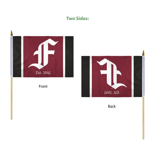 AGAS Fordham University Stick Flag 12 x 18 inch – Single Sided Printed Polyester Fordham Rams Flag with F Logo – Official NCAA Product – Fordham University Hand Flag with 24 inch Wood Pole and Gold Spear Top