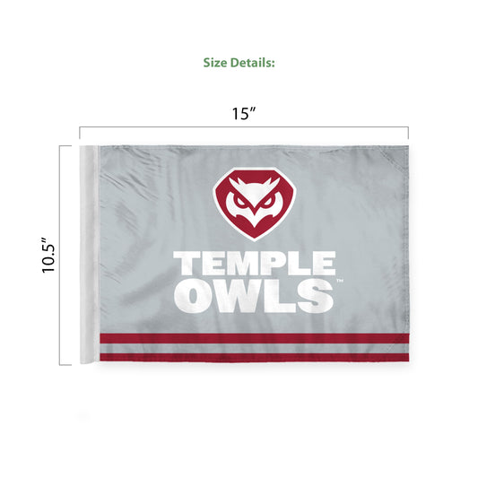 AGAS Temple Owls Text and Owl Logo Premium Car Flag 10.5 x 15 inch – Single Sided Printed Wrap Knitted Polyester with Bleed Through – Officially Licensed NCAA Product – Temple University Vehicle Flag with 19 inch Stiff Pole and 1 inch Sleeve