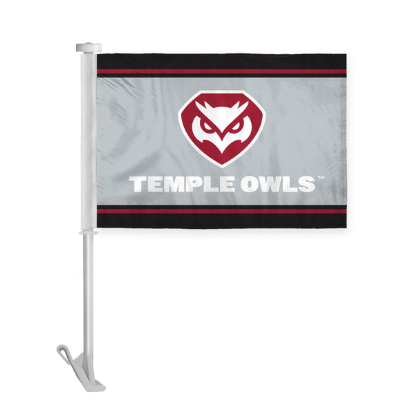 AGAS Temple Owls Text and Owl Logo Premium Car Flag 10.5 x 15 inch – Single Sided Printed Wrap Knitted Polyester with Bleed Through – Officially Licensed NCAA Product – Temple University Vehicle Flag with 19 inch Stiff Pole and 1 inch Sleeve