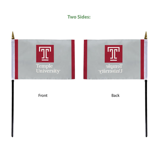 AGAS Temple University Wordmark Logo Stick Flag 4 x 6 inch – Single Sided Printed Polyester with Bleed Through – Officially Licensed NCAA Product – Temple University Desk Flag with 11 inch Plastic Pole and Black Base - Grey Background