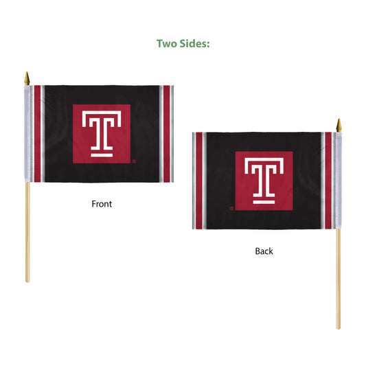 AGAS Temple University Block T Logo Stick Flag 12 x 18 inch – Single Sided Printed Polyester with Bleed Through – Officially Licensed NCAA Product – Temple University Hand Flag with 24 inch Wood Pole and Gold Spear Top