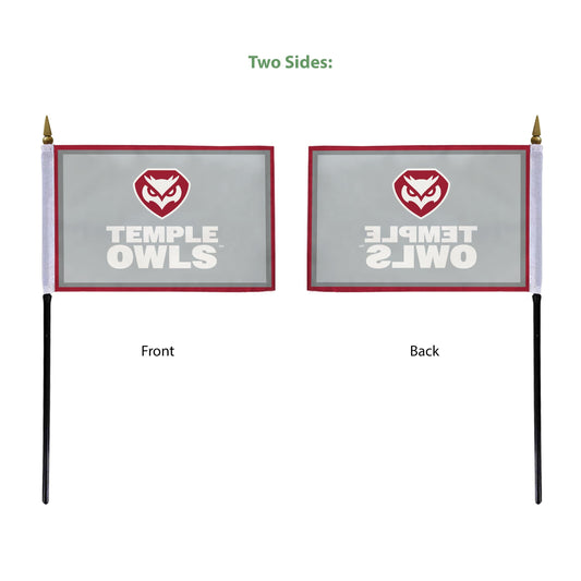 AGAS Temple Owls Text and Owl Logo Stick Flag 4 x 6 inch – Single Sided Printed Polyester with Bleed Through – Officially Licensed NCAA Product – Temple Owls Desk Flag with 11 inch Plastic Pole and Black Base