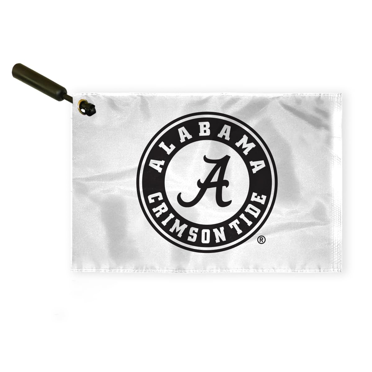 AGAS Alabama Collegiate Plastic Swirler Flag - 12x18 Inch | White Circle Logo | Single Layered 1 Ply Nylon | Built-in Plastic Swirler Handle Bar | Double Stitched Corners & Double Folded Ends