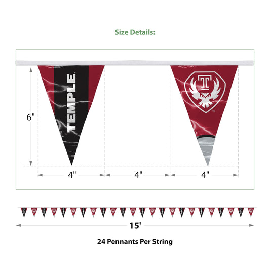 AGAS Temple Owls Text and Owl Logo Pennant Banner String 4 x 6 inch – 15 ft Triangle Flags – Single Sided Printed 9 Mil Poly – Officially Licensed NCAA Product – Temple University Party Banner with 24 Pennants