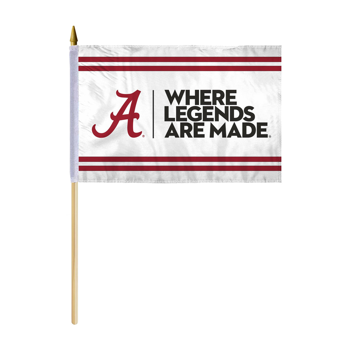 AGAS Alabama University Where Legends Are Made 12" x 18" Stick Flag - Single-Reverse Printed Polyester - 24" Wooden Staff - Roll Tide Handheld Stick Flag