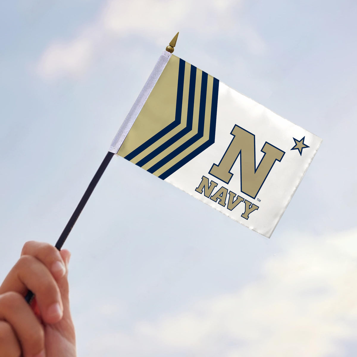 AGAS Small Navy Midshipmen flags on sticks with Plastic Base 4x6 inch Single-Reverse Printed Polyester - 13" Black Plastic Pole - Mini 4"x6" Navy Midshipmen Handheld Stick Flag