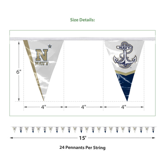 AGAS 15' US Navy Midshipmen Pennant Banner, Navy Triangle Flag Bunting Party Decorations, Game Day, Dorms, College Party V-Shaped Streamers, N-Star & Anchor Design