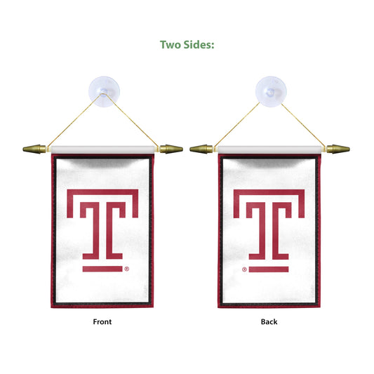 AGAS Temple University T Logo Mini Banner 4 x 6 inch – Single Sided Printed Satin – Officially Licensed NCAA Product – Temple Owls Hanging Banner with Cross Bar, Hanging Cord and Suction Cup Individually Bagged