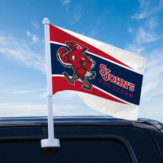 AGAS St. John’s University Premium Car Flag 10.5 x 15 inch – Single Sided Printed Wrap Knitted Polyester SJU Red Storm Mascot Design – Official NCAA Red Storm Car Flag – Vehicle Mount with 19 inch Stiff Pole and 1 inch Sleeve
