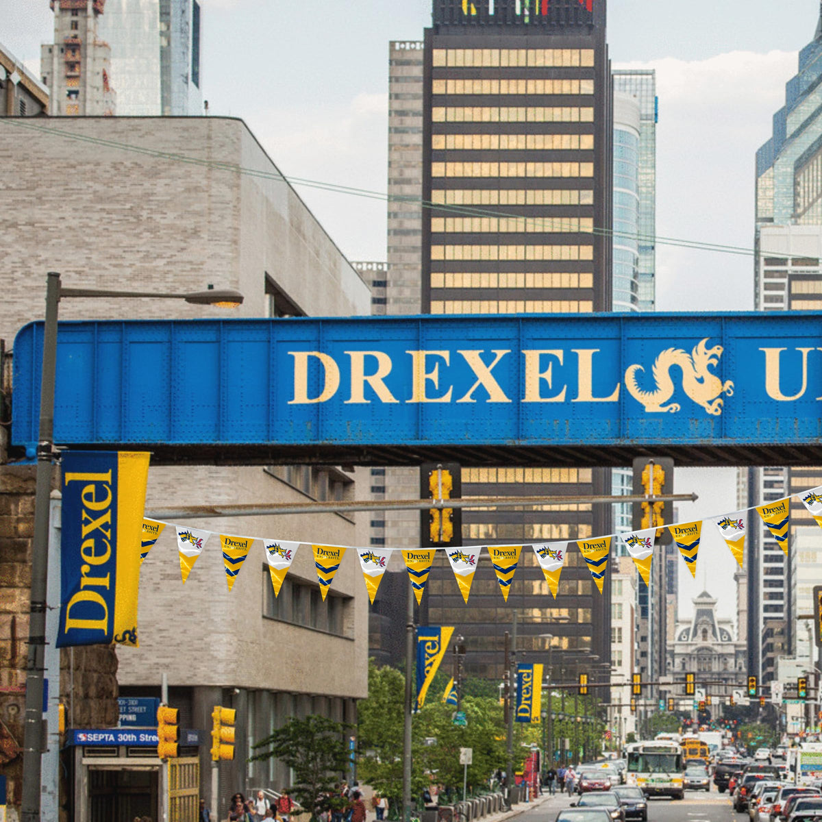 AGAS 15' Drexel DU Dragons Pennant Banner, Navy Triangle Flag Bunting Party Decorations, Game Day, Dorms, College Party V-Shaped Streamers, Drexel Bunting