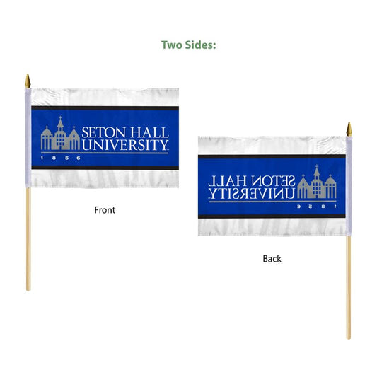 AGAS Seton Hall University Stick Flag 12 x 18 inch – Single Sided Printed Polyester Seton Hall University Wordmark Design – Official NCAA SHU Product – Handheld Display with 24 inch Wood Pole and Gold Spear Top
