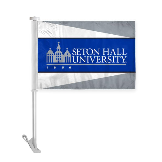 AGAS Seton Hall University Car Flag 10.5 x 15 inch – Single Sided Printed Wrap Knitted Polyester Seton Hall University Wordmark Design – Official NCAA SHU Product – Vehicle Mount with 19 inch Stiff Pole and Sleeve