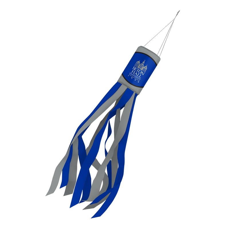 AGAS Seton Hall University Windsock 30 x 5.5 inch – Single Sided Printed Polyester Seton Hall University Wordmark Design – Official NCAA SHU Product – Hanging Clip with Blue White Streamers