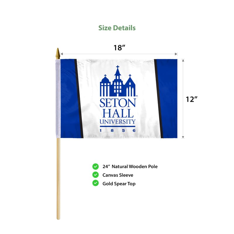 AGAS Seton Hall University Stick Flag 12 x 18 inch – Single Sided Printed Polyester Seton Hall Pirates – Official NCAA SHU Product – Handheld Display with 24 inch Wood Pole and Gold Spear Top
