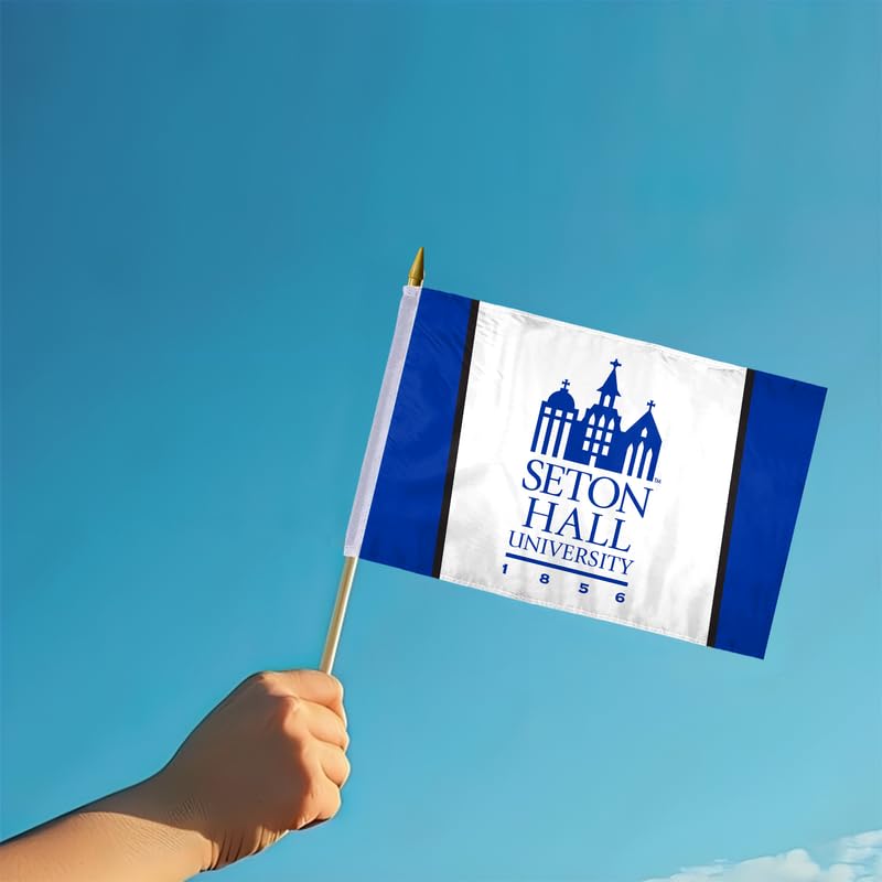 AGAS Seton Hall University Stick Flag 12 x 18 inch – Single Sided Printed Polyester Seton Hall Pirates – Official NCAA SHU Product – Handheld Display with 24 inch Wood Pole and Gold Spear Top