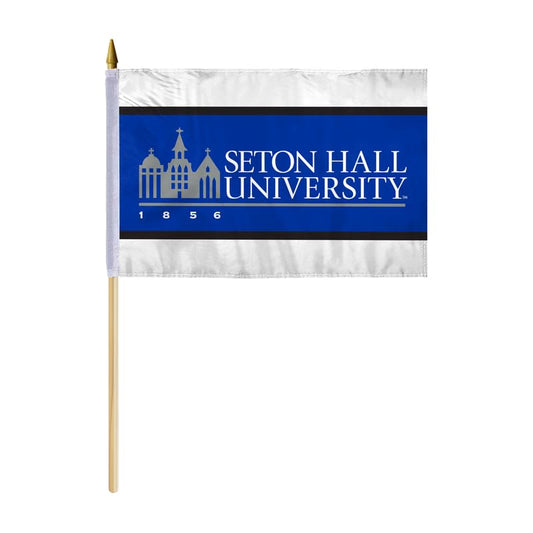 AGAS Seton Hall University Stick Flag 12 x 18 inch – Single Sided Printed Polyester Seton Hall University Wordmark Design – Official NCAA SHU Product – Handheld Display with 24 inch Wood Pole and Gold Spear Top