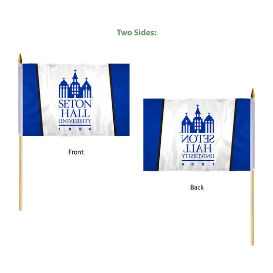 AGAS Seton Hall University Stick Flag 12 x 18 inch – Single Sided Printed Polyester Seton Hall Pirates – Official NCAA SHU Product – Handheld Display with 24 inch Wood Pole and Gold Spear Top
