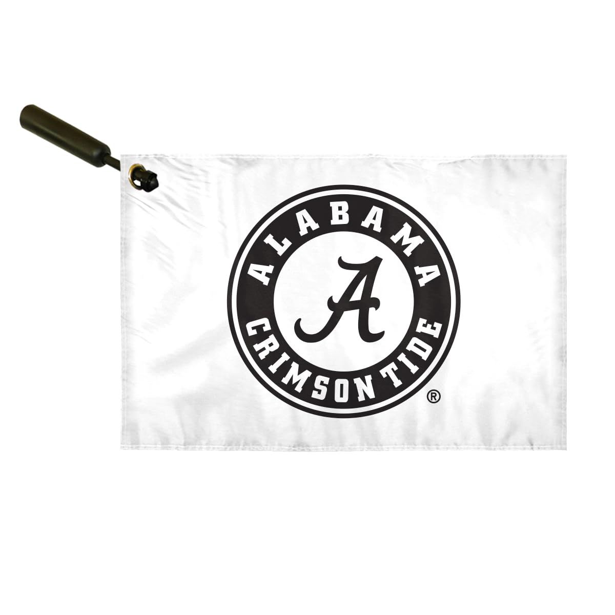 AGAS Alabama Collegiate Plastic Swirler Flag - 12x18 Inch | White Circle Logo | Double Layered 2 Ply Polyester | Built-in Plastic Swirler Handle Bar | Double Stitched Corners & Double Folded Ends | Reads Correctly on Both Sides