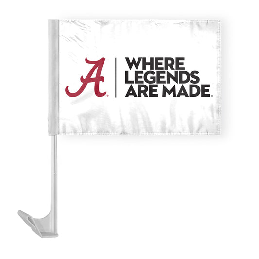 AGAS Alabama University Crimson Tide White Where Legends Are Made Car Flags - 7.5x10.5 inch Double-Layered Printed Polyester Fabric - 13" Flexible Plastic Pole for Attaching to Vehicle Window