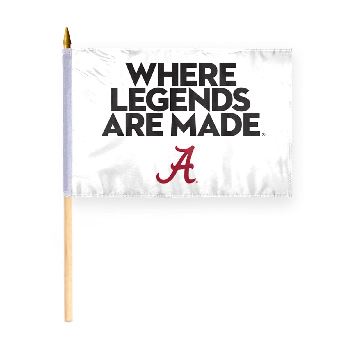 AGAS Alabama UA Crimson Tide Where Legends Are Made Flag - Stick Flag - Handheld - 12in x18 in - Double-Layer Printed Polyester - 24" Extra-heavy Natural Wooden Dowel