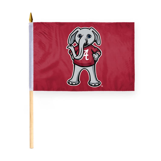 AGAS Alabama UA Crimson Tide Flag - Stick Flag - Handheld - 12in x18 in - Double-Layer Printed Wrap Knitted Polyester - 24" Extra-heavy Natural Wooden Dowel