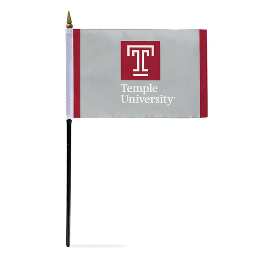 AGAS Temple University Wordmark Logo Stick Flag 4 x 6 inch – Single Sided Printed Polyester with Bleed Through – Officially Licensed NCAA Product – Temple University Desk Flag with 11 inch Plastic Pole and Black Base - Grey Background