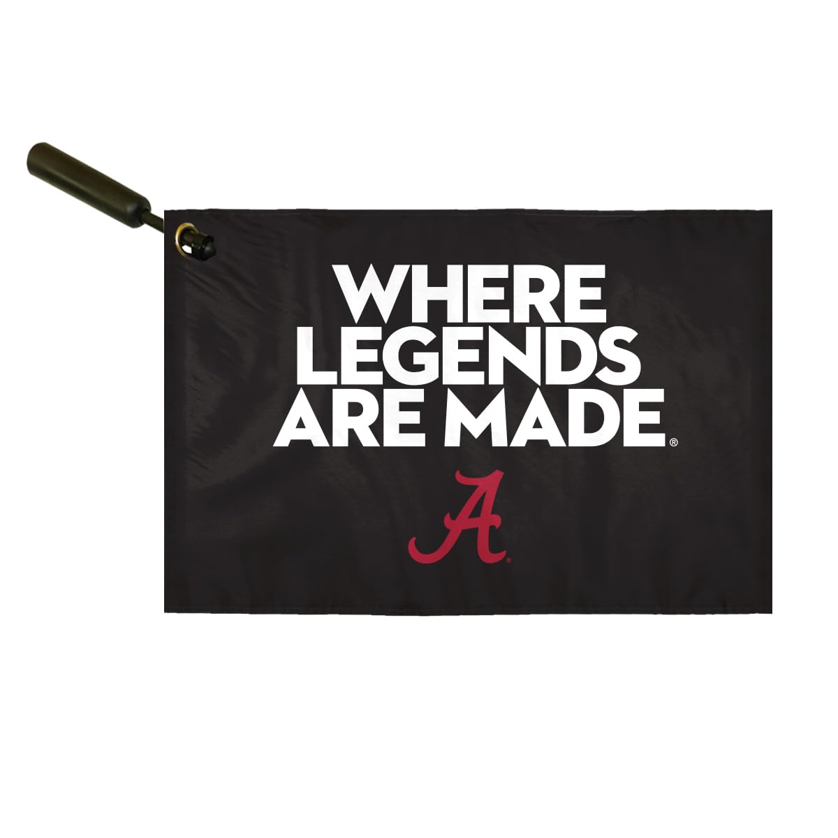 AGAS Alabama Collegiate Plastic Swirler Flag - 12x18 Inch | Where Legends Are Made Black Logo | Double Layered 2 Ply Polyester | Built-in Plastic Swirler Handle Bar | Double Stitched Corners & Double Folded Ends | Reads Correctly on Both Sides