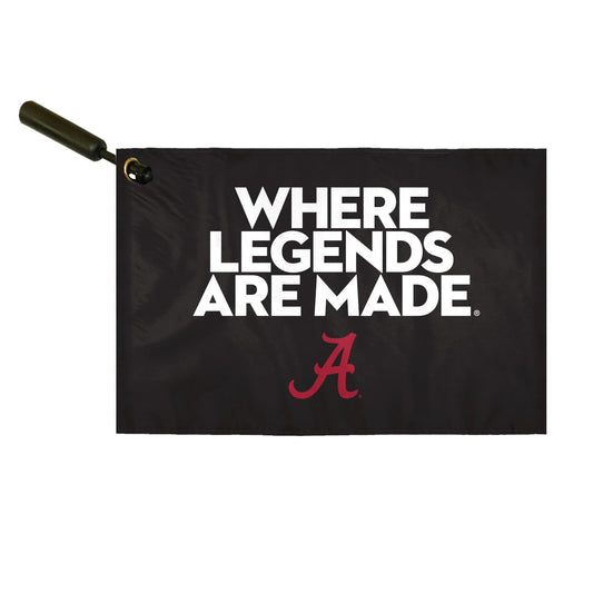 AGAS Alabama Collegiate Plastic Swirler Flag - 12x18 Inch | Where Legends Are Made Black Logo | Double Layered 2 Ply Polyester | Built-in Plastic Swirler Handle Bar | Double Stitched Corners & Double Folded Ends | Reads Correctly on Both Sides