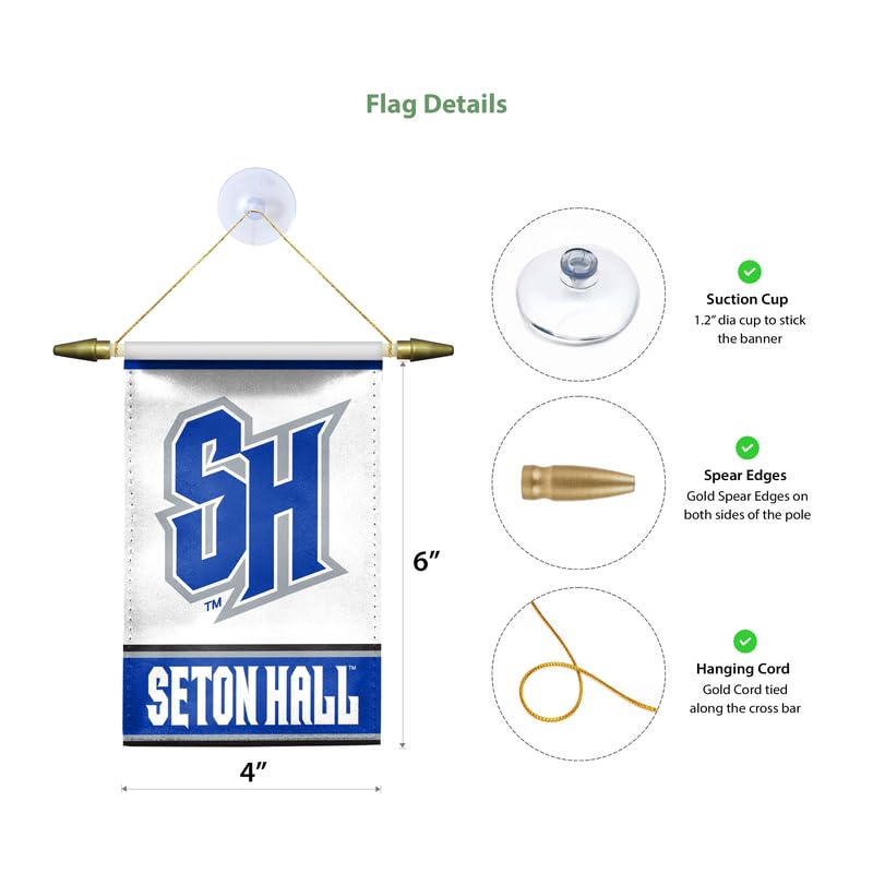 AGAS Seton Hall University Mini Banner 4 x 6 inch – Single Sided Printed Satin Seton Hall SH Logo Design – Official NCAA SHU Product – Hanging Banner with Cross Bar, Cord and Suction Cup