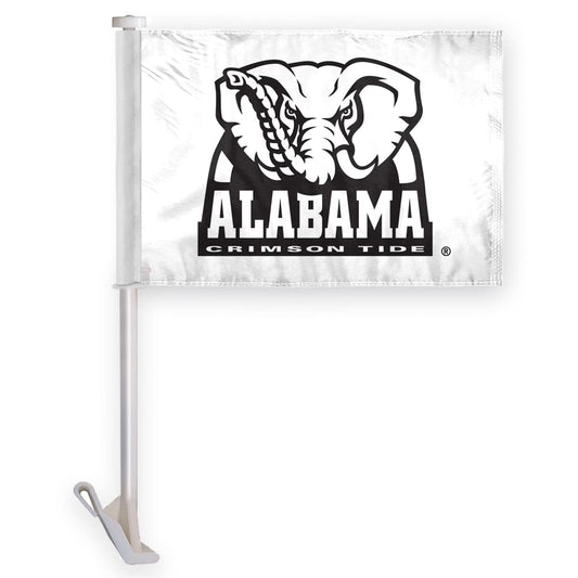 AGAS Alabama University Big Al White Car Flags - 10.5x15 inch Double-Layered Printed Wrap Knitted Polyester - 19" Unbreakable Plastic Pole for Attaching to Vehicle Window - Officially Licensed Alabama University Car Flags
