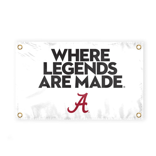 Alabama Collegiate Crimson Tide Where Legends Are Made Primary A Logo with 4 Brass Grommets - 4x6 Ft - Printed Double-Layered 2 ply Spun Polyester - Correctly Reads on Both Sides - Finished Ends for Added Durability - Quadruple Stitched Fly End