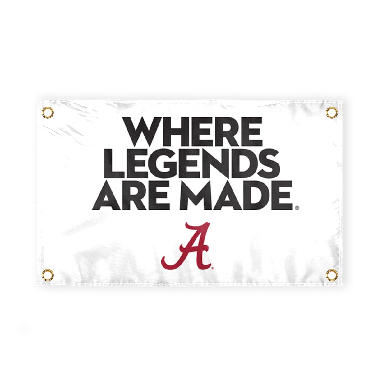 Alabama Collegiate Crimson Tide Where Legends Are Made Primary A Logo with 4 Brass Grommets - 4x6 Ft - Printed Double-Layered 2 ply Polyester - Correctly Reads on Both Sides - Finished Ends for Added Durability