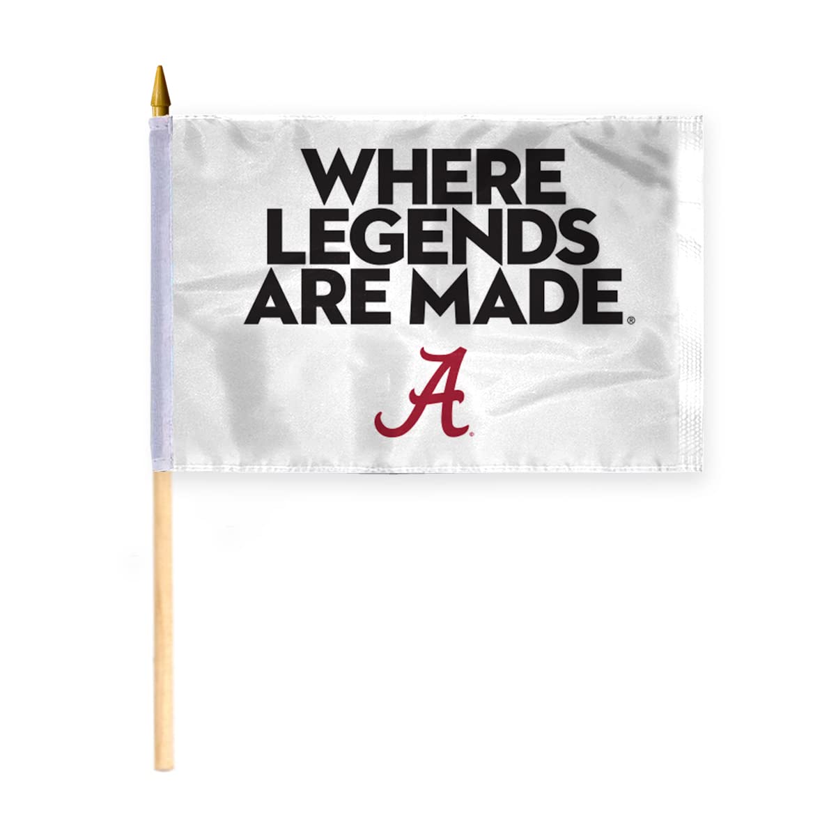 AGAS Alabama UA Crimson Tide Where Legends Are Made Flag - Stick Flag - Handheld - 12in x18 in - Double-Layer Printed 200 Denier Nylon - 24" Extra-heavy Natural Wooden Dowel