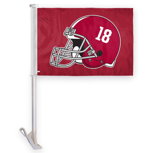 AGAS Alabama University 18 Time Football National Champions Helmet Car Flags - 10.5x15 inch Double-Layered Printed Wrap Knitted Polyester - 19" Unbreakable Plastic Pole for Attaching to Vehicle Window - NCAA Licensed Alabama Helmet Logo Car Flags