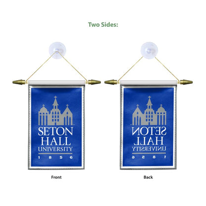AGAS Seton Hall University Mini Banner 4 x 6 inch – Single Sided Printed Satin Building Graphic Design – Official NCAA SHU Product – Hanging Banner with Cross Bar, Cord and Suction Cup