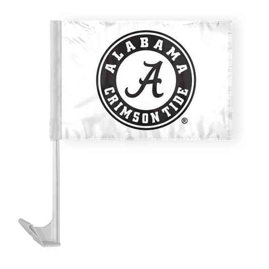 AGAS Alabama University Crimson Tide White Circle Car Flags - 12x16 inch Double-Layered Printed Polyester Fabric - 17" Flexible Plastic Pole for Attaching to Vehicle Window - NCAA Licensed Alabama Round Logo Black Car Flags