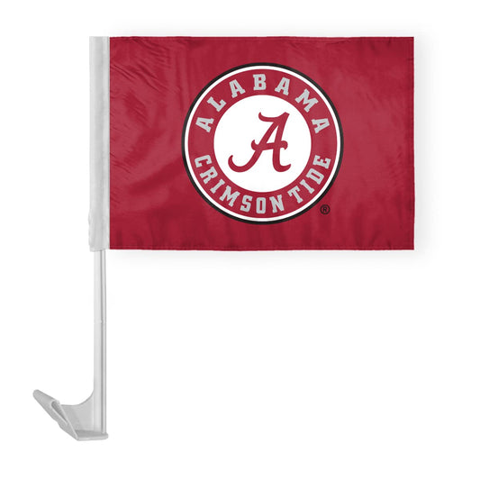 AGAS Alabama University Crimson Tide Circle Logo Car Flags - 12x16 inch Double-Layered Printed Polyester Fabric - 17" Flexible Plastic Pole for Attaching to Vehicle Window - NCAA Licensed Alabama Round Logo Car Flags
