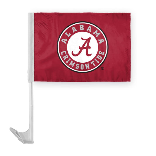 Alabama University Crimson Tide Circle Logo Car Flags - 7.5x10.5 inch Double-Layered Printed Wrap Knitted Polyester - 13" Flexible Plastic Pole for Attaching to Vehicle Window - NCAA Licensed Alabama Round Logo Car Flags