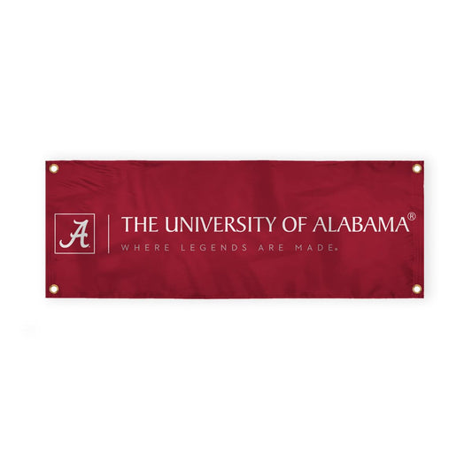 Alabama University Crimson Tide Red Design Logo with 4 Brass Grommets - 3x8 Ft - Printed Double-Layered 2 ply Spun Polyester - Correctly Reads on Both Sides - Finished Ends for Added Durability - Quadruple Stitched Fly End