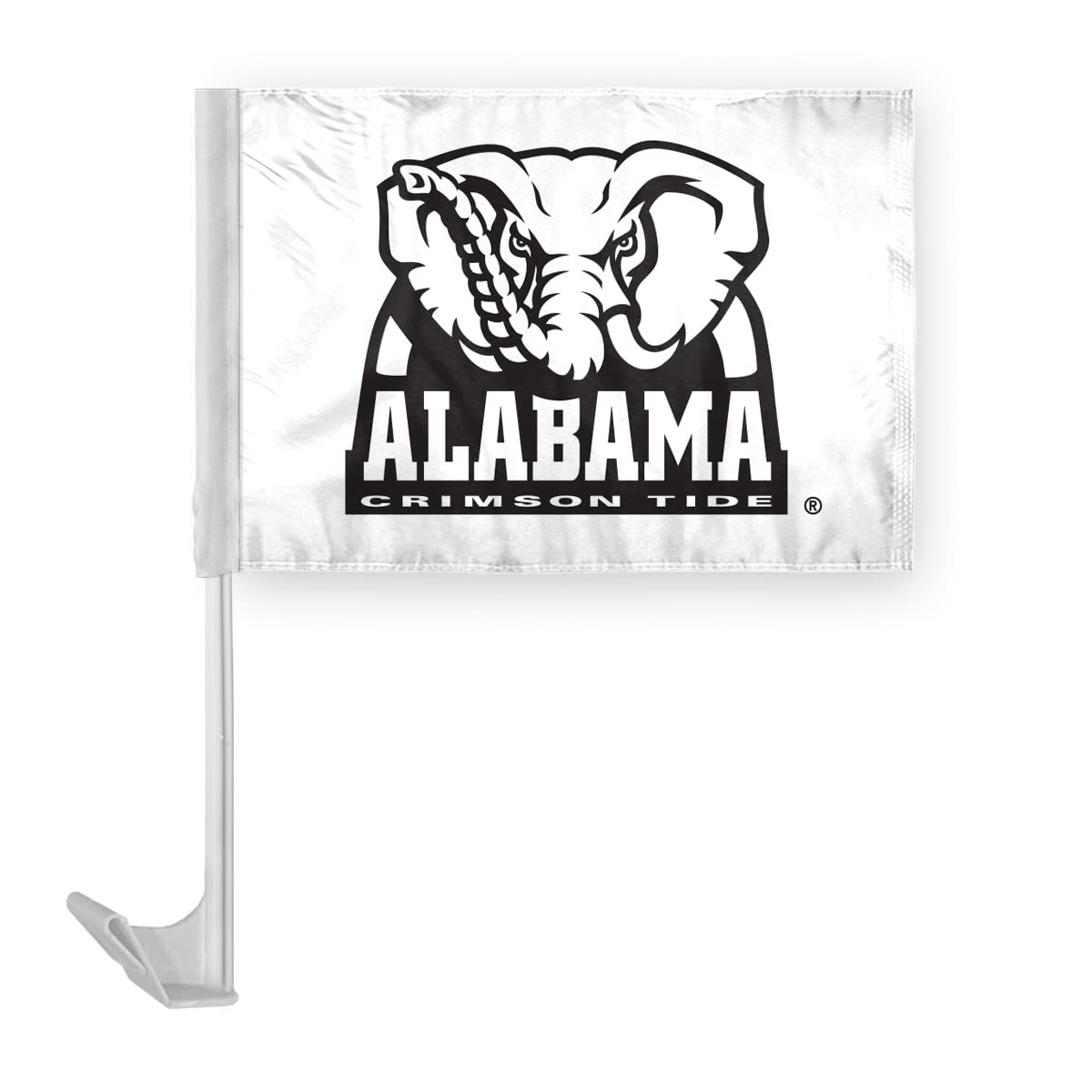 AGAS Alabama University Big Al White Car Flags - 7.5x10.5 inch Double-Layered Printed Wrap Knitted Polyester - 13" Flexible Plastic Pole for Attaching to Vehicle Window - Officially Licensed Alabama University Car Flags