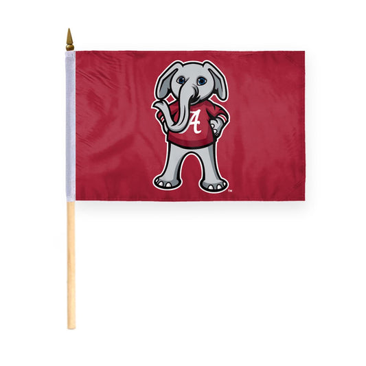 AGAS Alabama University Crimson Tide Big AL Mascot Stick Flags - 8x12 inch Double-Layered Printed Wrap Knitted Polyester Fabric - 17" Wood Pole - 8x12 Alabama UA Crimson Tide Stick Flag