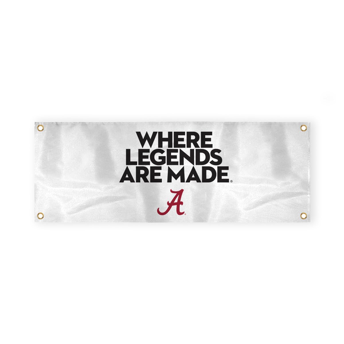 Alabama Collegiate Crimson Tide Where Legends Are Made Primary A Logo with 4 Brass Grommets - 2x4 Ft - Printed Double-Layered 2 ply Spun Polyester - Correctly Reads on Both Sides - Finished Ends for Added Durability - Quadruple Stitched Fly End
