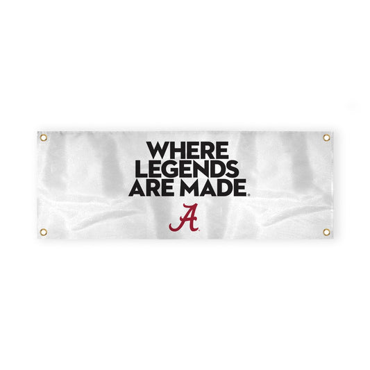 Alabama Collegiate Crimson Tide Where Legends Are Made Primary A Logo with 4 Brass Grommets - 2x4 Ft - Printed Double-Layered 2 ply Spun Polyester - Correctly Reads on Both Sides - Finished Ends for Added Durability - Quadruple Stitched Fly End